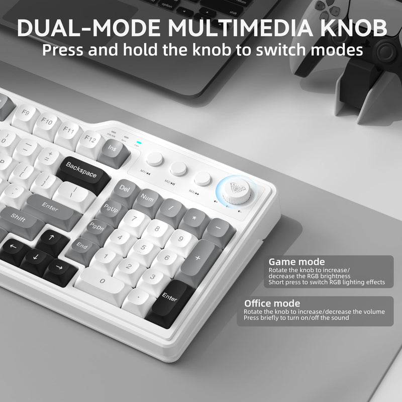 Aula F3099 Wireless Keyboard with Media Knob, Tri-Mode BT5.0/2.4GHz/USB-C Cute Creamy Keyboard with Number Pad, RGB Backlit Gaming Keyboard, Quiet Typing Computer Keyboards for Office Laptop/PC Black&White&Grey