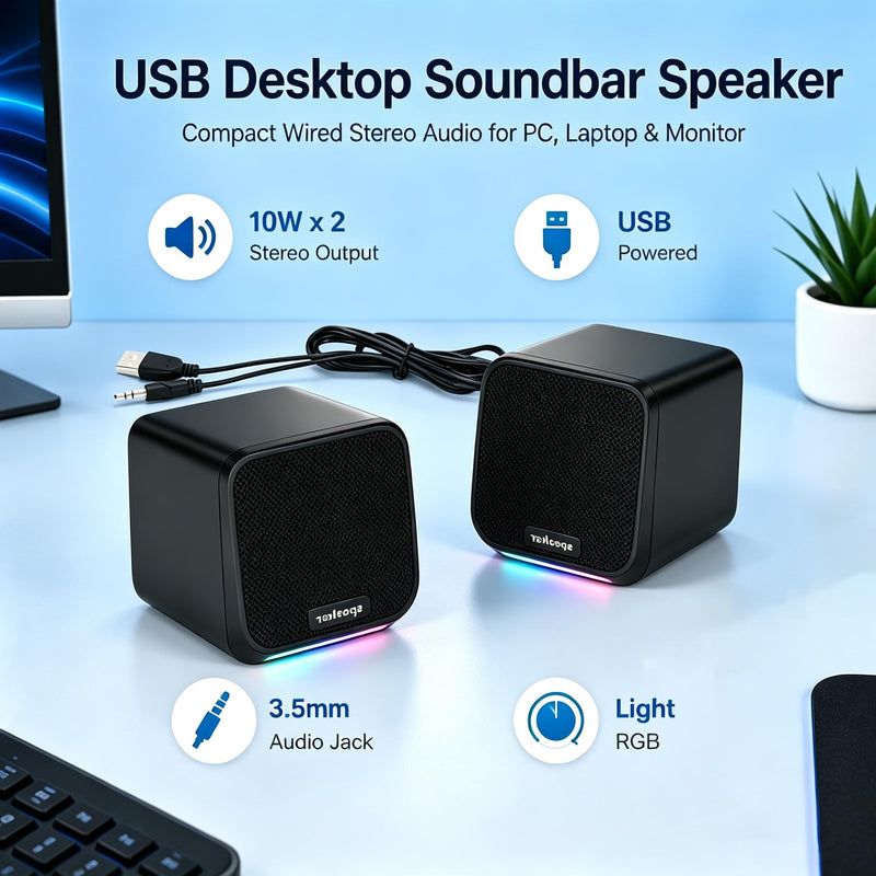 Computer Speakers USB-A Powered Wired Stereo Desktop Speakers with 3.5mm Aux Plug No Bluetooth for PC Laptop 2026, Brown