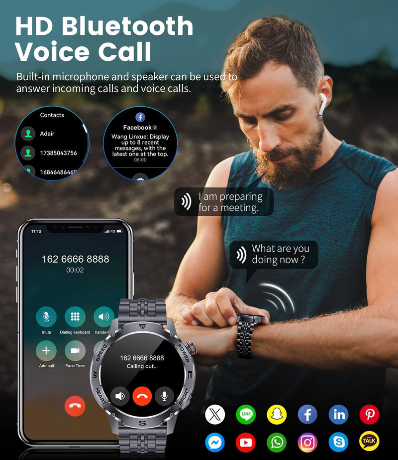 Military Smart Watch for Men, 1.43'' AMOLED Rugged Smart Watch with 600mAh Battery/Heart Rate/Blood Pressure/Sleep Monitor,IP68 Waterproof Fitness Tracker Watch for Android iPhone Black