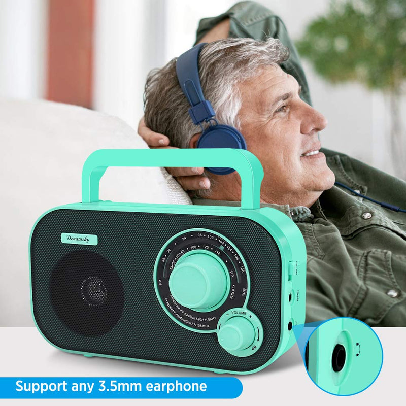 DreamSky AM FM Portable Radio Plug in Wall or Battery Operated for Home & Outdoor, Strong Reception, Large Dial Easy to Use, Transistor Antenna, Headphone Jack, Small Gifts for Seniors Elderly Green