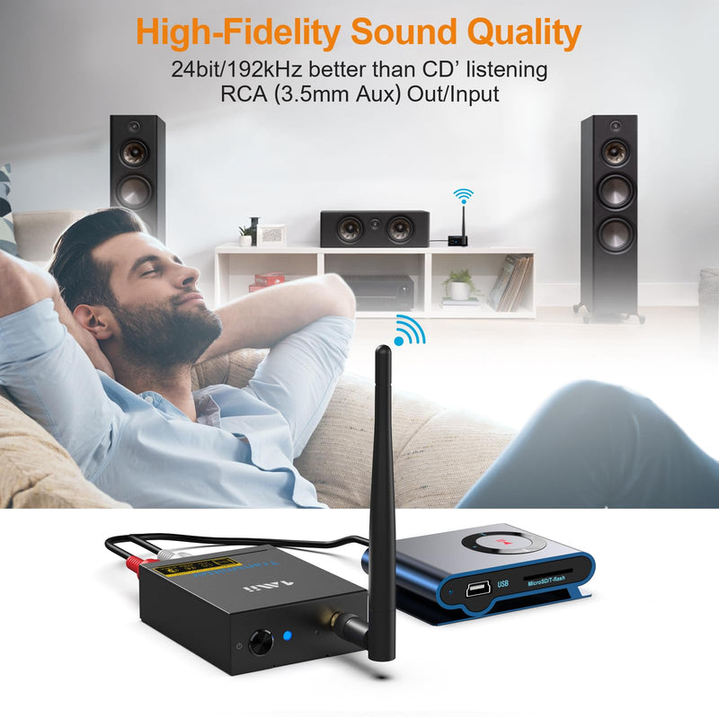 1Mii 2.4Ghz Wireless Audio Transmitter Receiver for TV, 320ft Long Range 20ms Low Delay 192kHz/24bit HiFi Audio, Wireless Adapter Kit for Subwoofer/Powered Speaker/Stereo/Soundbar, RCA(3.5mm)Out/input 2 in 1