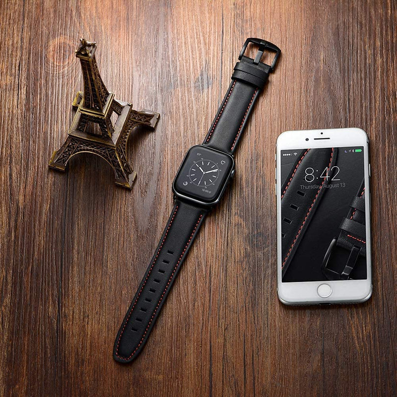 Leather Band Compatible with Apple Watch 44mm 42mm Mens Women Vintage Leather Strap XL Dressy Black Buckle Bands with Black Adapters for iWatch Series 6 5 4 3 2 1 SE, 2 PACK