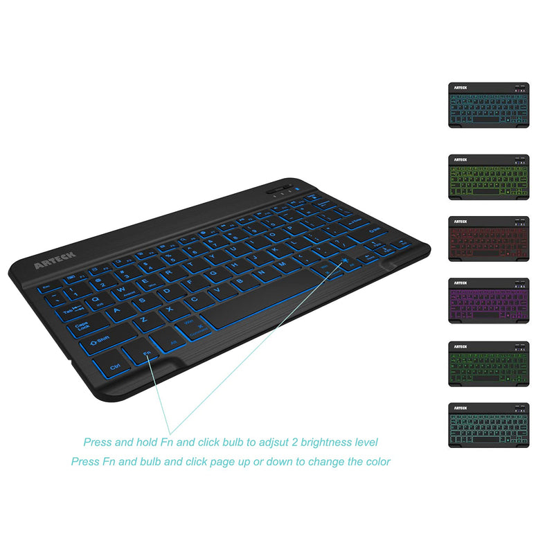 Arteck HB030B Universal Slim Portable Wireless Bluetooth 3.0 7-Colors Backlit Keyboard with Built in Rechargeable Battery, Black