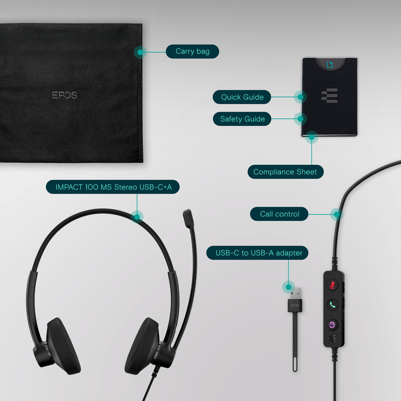 EPOS Impact 100 MS Stereo USB-C+A Headset with Microphone, Certified Microsoft Teams, Noise-Cancelling Mic, Lightweight, Call Control, USB Adapter, Soft Earpads, Professional UC Headphones