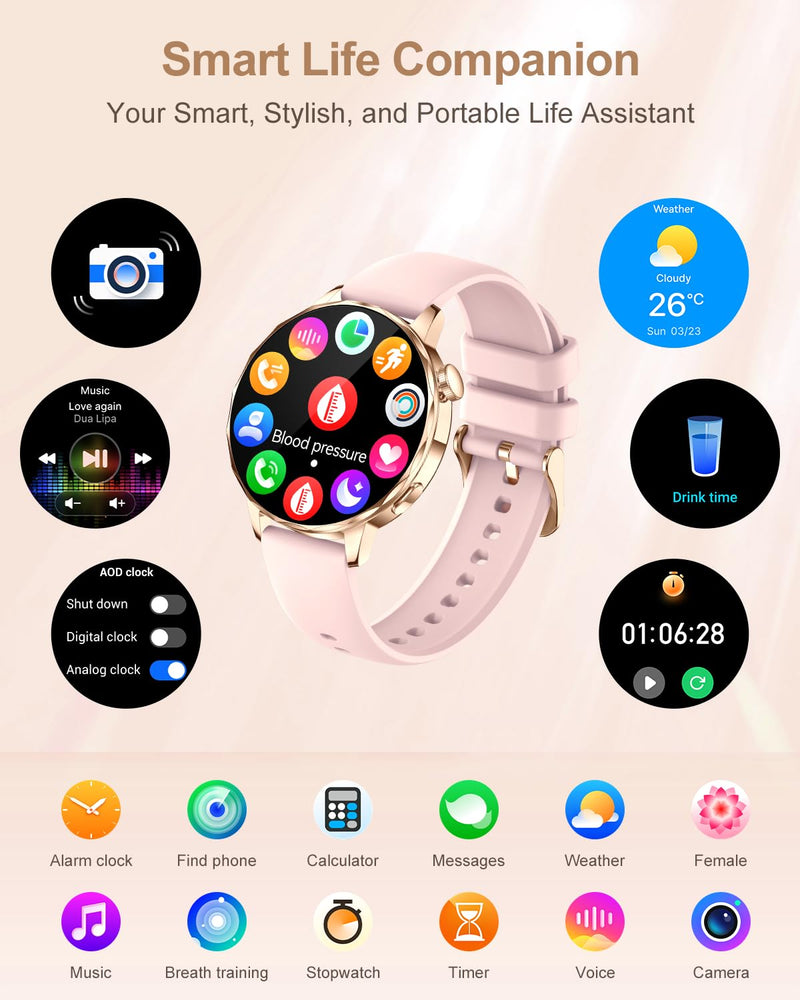 Smart Watch for Women with Bluetooth Calling, 1.27" AMOLED Touchscreen, IP68 Waterproof Fitness Tracker with Heart Rate & Sleep Monitor, 100+ Sports Modes for Android & iPhone (Pink)