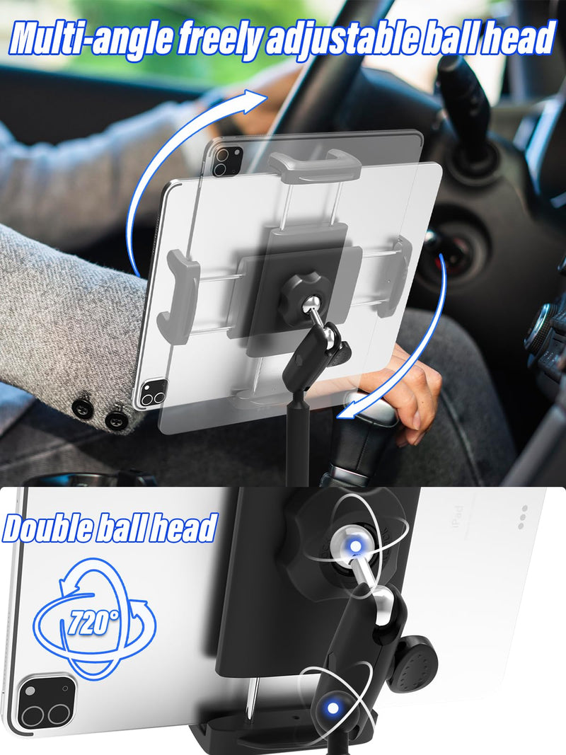 Metal Arm Cup Holder Car Tablet Mount, 720 ° Rotation Cupholder Tablet & Phone Stand Compatible with iPad Pro Air Mini iPhone 15/14/ 13/12 Max Pro and 4.7-12.9 inch Mobile Phone Tablet