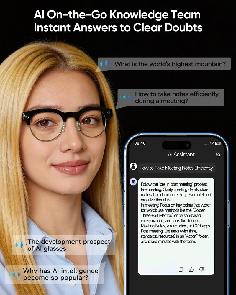 AI Smart Camera Glasses, 8MP 1080P HD Video Recording, Stylish Half-Frame Oval Design, Open-Ear Bluetooth Audio, AI Assistant & Translation, Brown