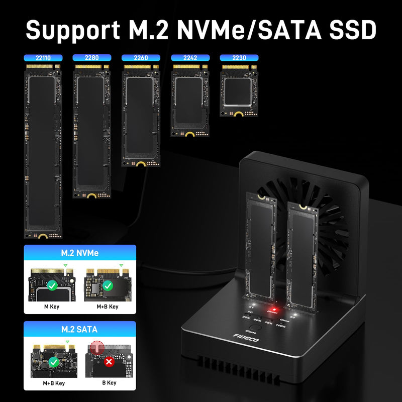 FIDECO M.2 NVMe SATA SSD Cloner Dock, USB 3.2 Gen 2 X 2, 20Gbps NVMe Cloner Duplicator with Foldable Cooling Fan, Support Offline Clone, UASP and Trim, Aluminum Design