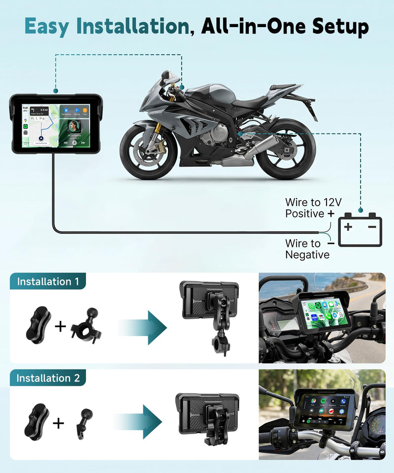 Motorcycle Wirelsss Carplay Android Auto Screen, 5" Wireless CarPlay | with Anti-Theft Design Mount, IP68 Waterproof Car Play Moto Touchscreen Dual Bluetooth Portable GPS Navigation
