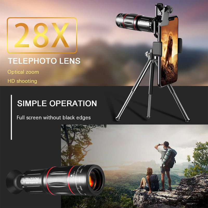 [AUSTRALIA] - Phone Camera Lens Kit Upgraded Version Telephoto 28X Wide Angle 0.6X Macro 20X Fisheye 198° for Most Smartphones (Black) fisheye lens 
