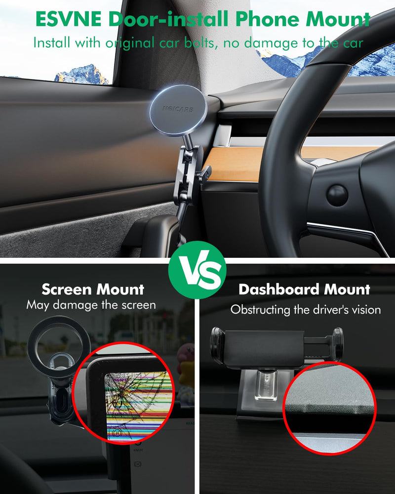 for Tesla Phone Mount,for Mag-Safe Door-Install Phone Holder, Compatible with Model Y/YL(2026-2019) & Model 3 (2023-2017), Magnetic Car Phone Mount for iPhone 17/16/15/14/13/12, Tesla Accessories 2025-2022 Model Y, 2023-2021 Model 3, Drive Seat