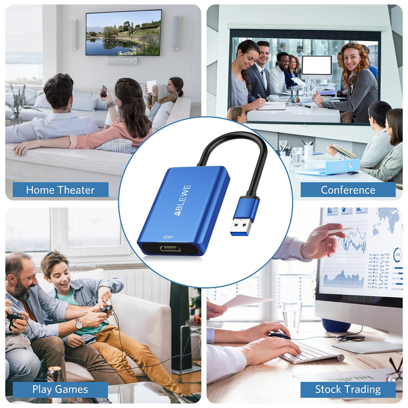 ABLEWE USB to HDMI Adapter, 2023 Upgraded Aluminum USB 3.0/2.0 to HDMI Audio Video Converter for PC Laptop Projector HDTV, Support Mac OS, Windows 10/8.1/8/7, Chrome OS, Blue. (Not Support Linux)