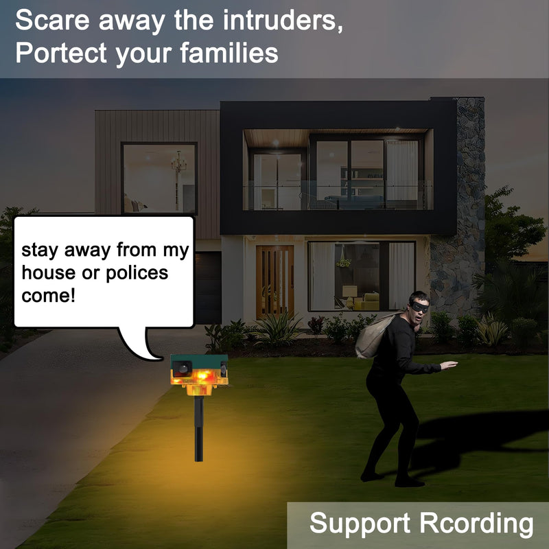 [AUSTRALIA] - Solar Outdoor Motion Sensor Alarm: Dog Barking&Gunshot Sound, 129db Loud Siren,Support Recording, 13 Kinds of Sound Strobe Light Yellow 1 Pack 