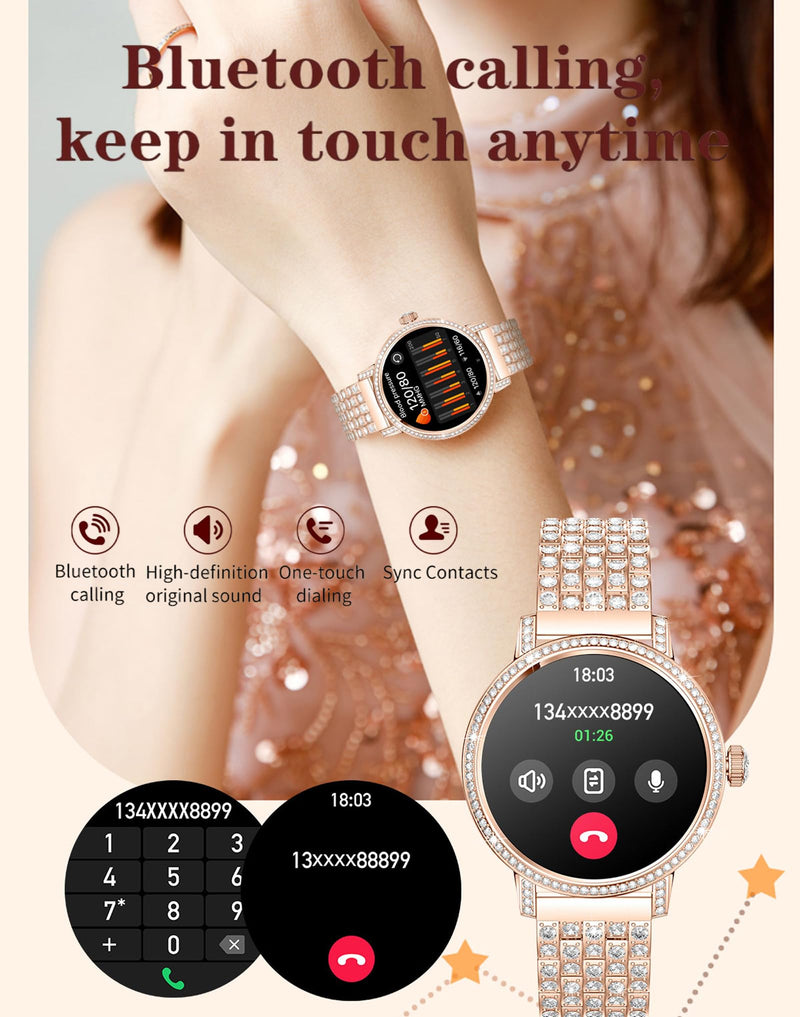 Diamond Smart Watch for Women Bluetooth Call 24/7 Blood Pressure Monitor Heart Rate&Sleep Tracker Fitness Activity Tracker Message Notifications Elegant Rhinestone Dress Smartwatch for IOS & Android Silver-Steel band