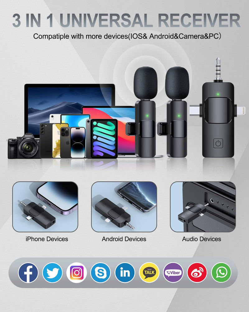 [AUSTRALIA] - PQRQP 3 in 1 Professional Wireless Lavalier Microphone for iPhone, Android, Camera, Wireless Microphones, Mini Microphone, Crystal Clear Sound Quality for Recording, Live Streaming, Microphone Clips Elegant Black 
