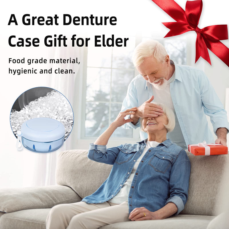 Leak Proof Denture Cup Kit Portable Retainer Case Perfect for Travel, Denture Case Container Cleaning Care for Dentures Aligner Mouth Guard with Denture Brush,Strainer, Removal Tool and Mirror Blue