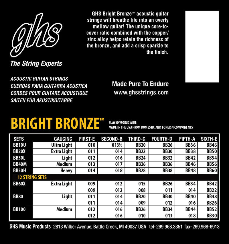 GHS Strings - Bright Bronze Acoustic Guitar Strings – Light Gauge 12-54 (BB30L Set) - 80/20 Bronze Copper-Zinc Alloy, Bright Tone, Extra Clarity, Long-Lasting Guitar Strings – Pack of 3 Light (12-54)