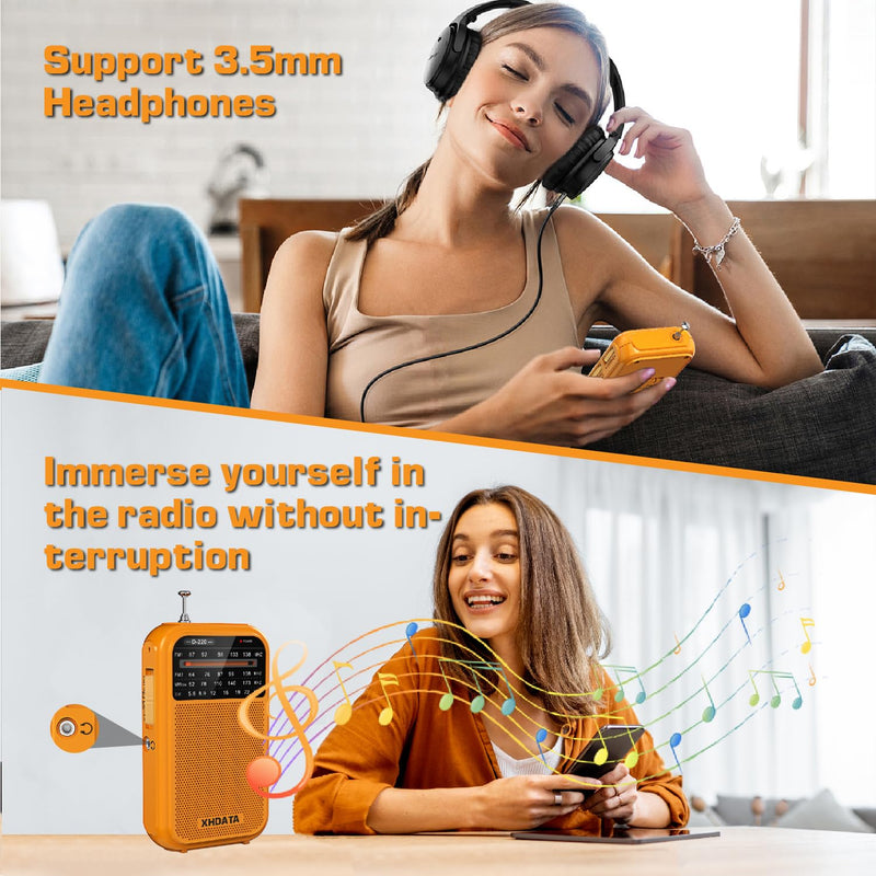 D220 Portable Radio AM FM SW Shortwave Radio Receiver Pocket Radio, 2 AA Battery Operated, Transistor Radio with Excellent Reception for Gift, Family, Elder (Orange) Orange