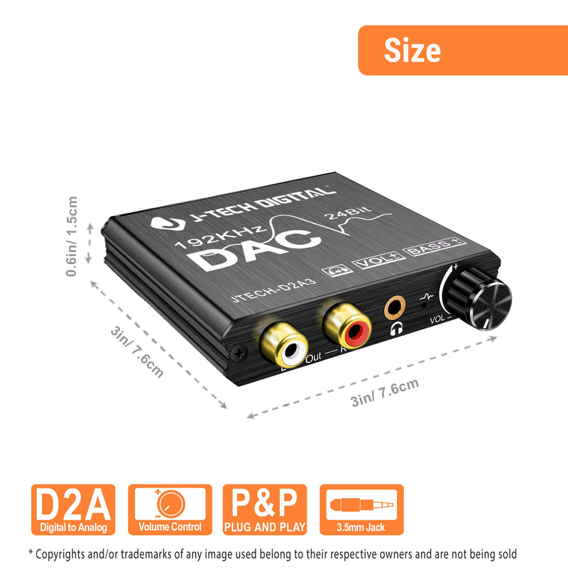 Digital to Analog Audio Converter with Headphone Amplifier & Bass Control by J-Tech Digital | 192kHz 24bit Optical Coaxial RCA 3.5mm DAC Converter Optical to 3.5mm