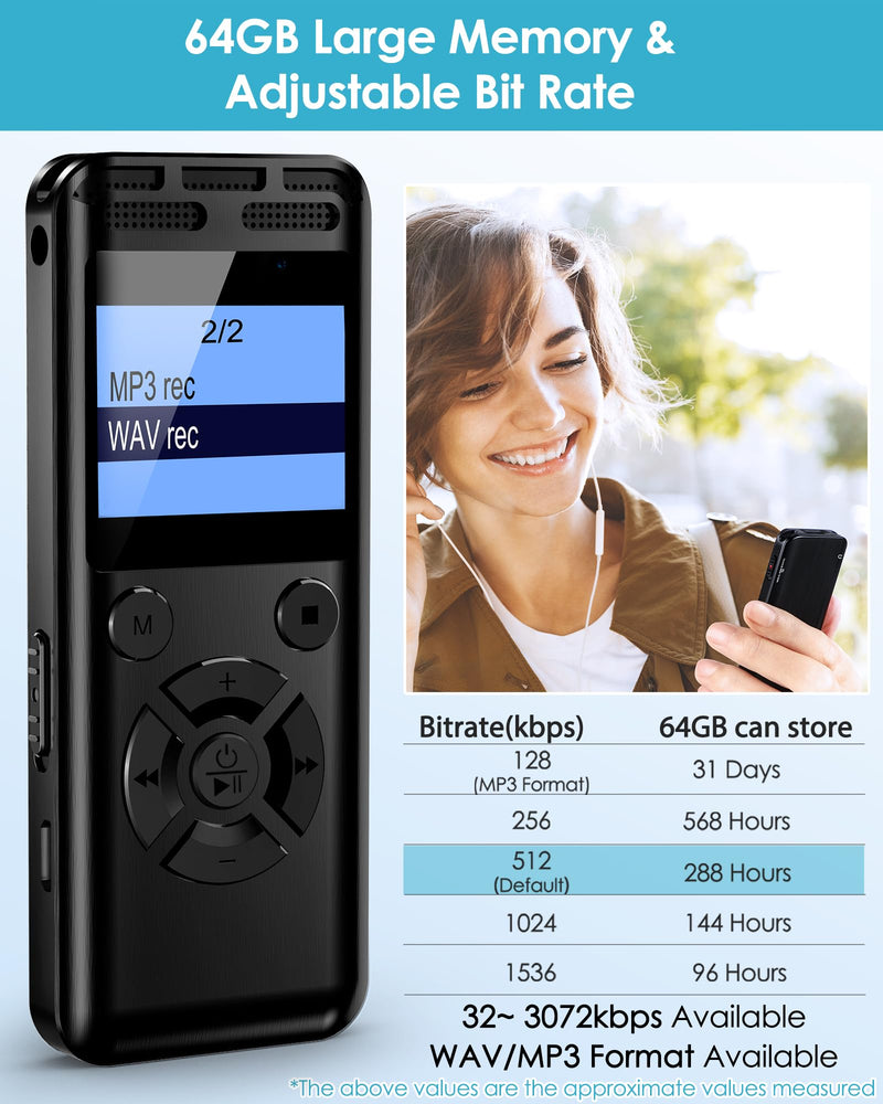 64GB Digital Voice Recorder, Wevoor Voice Activated Recorder with 560mAh Large Capacity Battery, Professional Recording Device with Playback, Password, Timed recording, Repeat, Variable Speed Playback