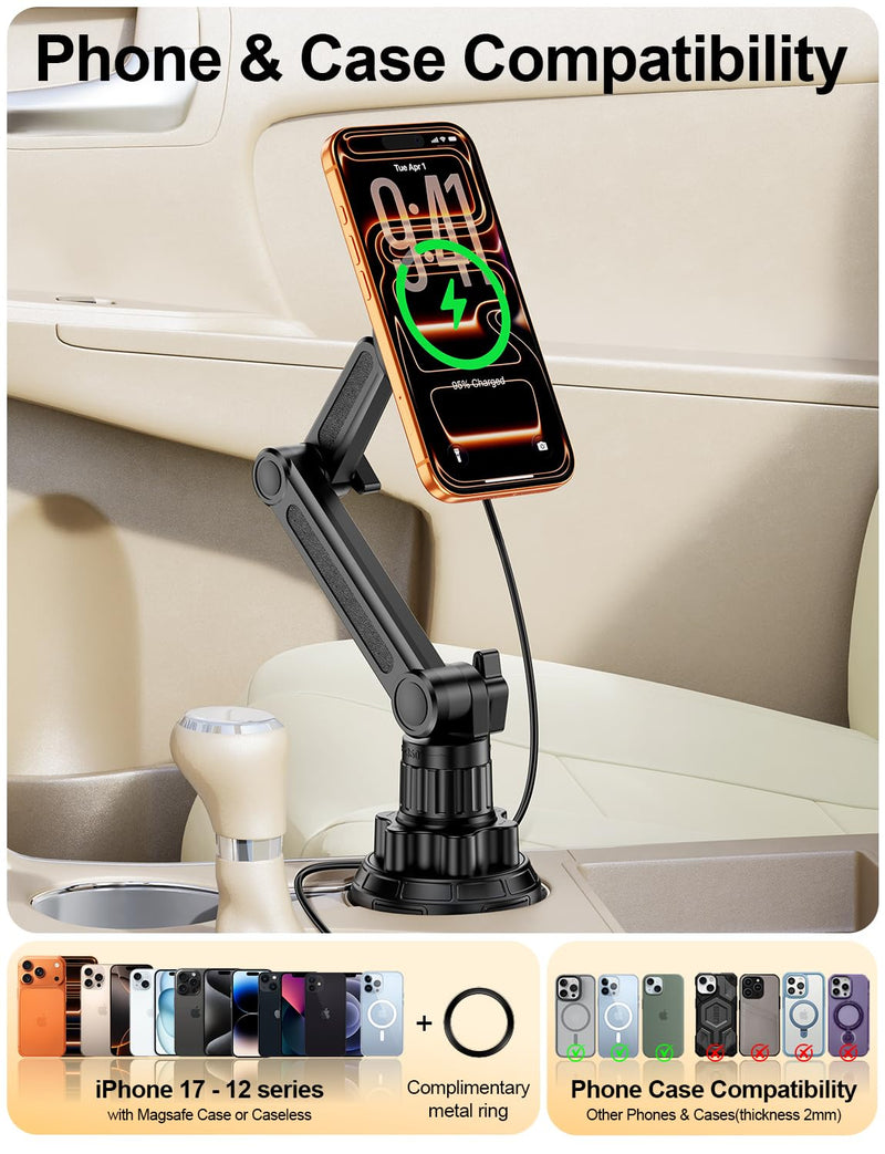 Magsafe Car Mount Charger, Stable Cup Holder Phone Holder Wireless Charger | Height Adjustable, Flexible angle, Fast Charging Car Accessories for iPhone 17 16 15 14 13 12 Series, for Cars, SUVs & Trucks