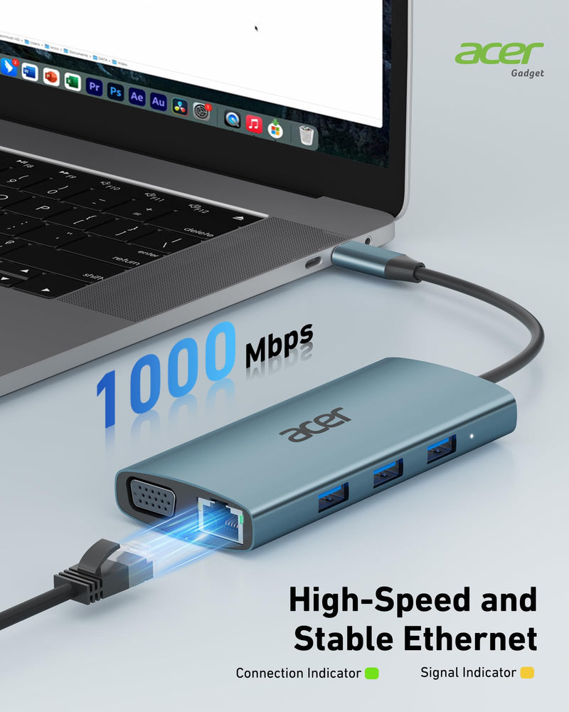 [AUSTRALIA] - Acer USB C Hub with 4k HDMI, 9-in-1 USB C to Ethernet Adapter, 5Gbps USB-A 3.1 Docking Station, PD 100W Charging, SD Card Reader, USB to VGA Splitter for MacBook, Acer, Laptops, Surface and More Space grey 