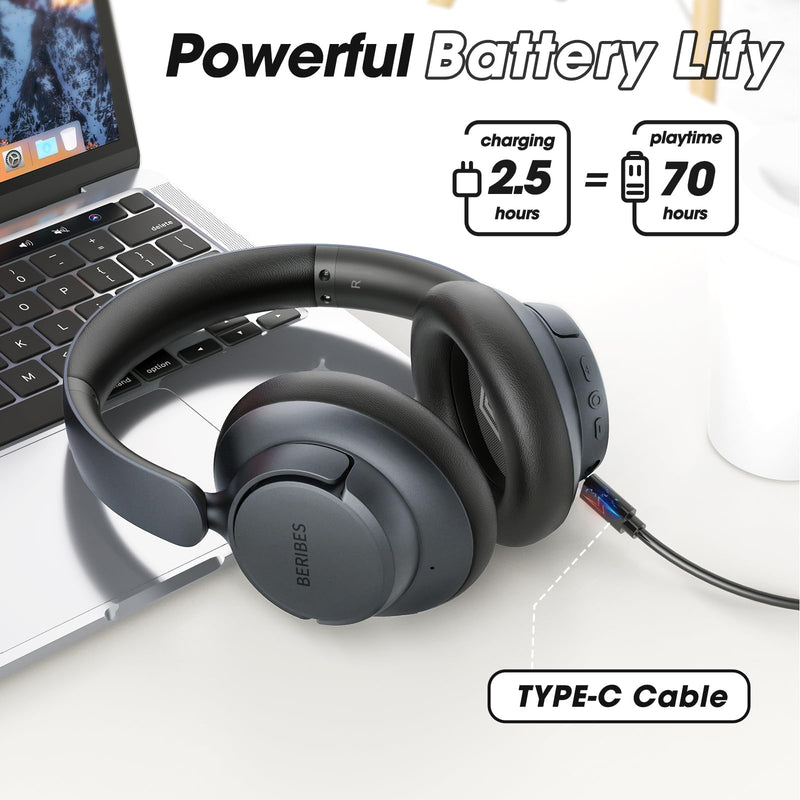 [AUSTRALIA] - BERIBES Upgraded Hybrid Active Noise Cancelling Headphones with Transparent Modes,70H Playtime Bluetooth Headphones Wireless Bluetooth with Mic, Deep Bass,3.5MM Cable,Soft-Earpads,Fast Charging-Black Black 