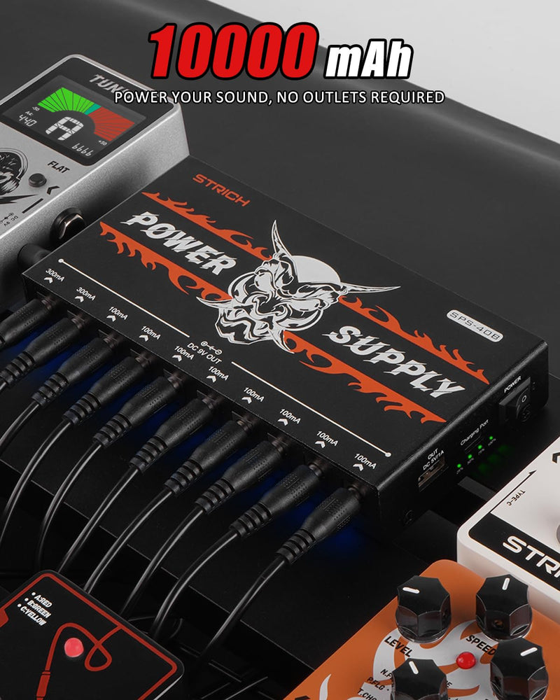STRICH SPS-40B Pedal Power Supply with Built-in 10000mAh 10 Outputs DC 9V (2x300mA, 8x100mA) Jacks for Guitar Bass Pedals, Rechargeable Battery Guitar Effect Pedal Power, 5V/1A USB Port, Noiselessly