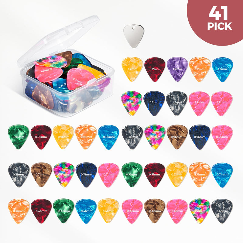 41PCS Guitar Picks Rechargeable Guitar Tuner Clip on Chromatic Digital Tuner Acoustic Guitar Accessories Kit for Guitars Violin, Ukulele, Bass