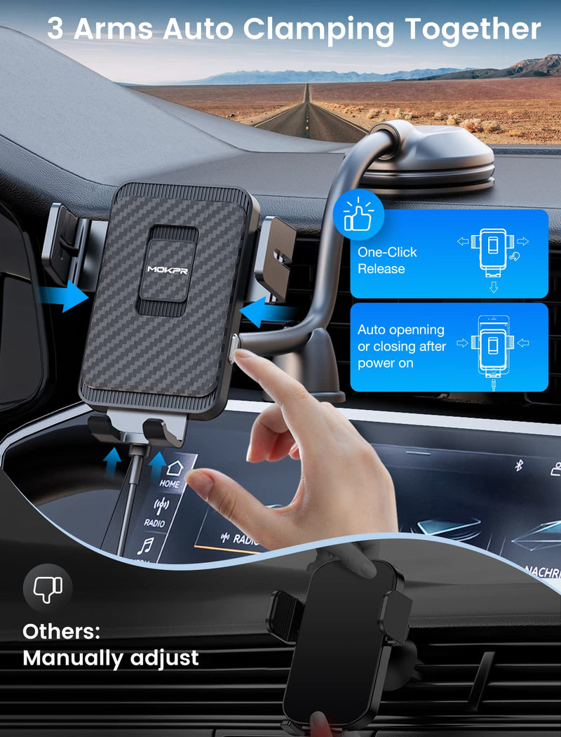 Wireless Car Charger, MOKPR 15W Fast Charging Car Mount Auto-Clamping Car Charger, Dashboard Windshield Phone Holder Compatible with iPhone 16 15/14/13/13 Pro/12 Pro12/11/X, Samsung S23/S22/S10/S9/S8 | [with Anti Shake stabilizer]Auto-Clamping Fast Cha...
