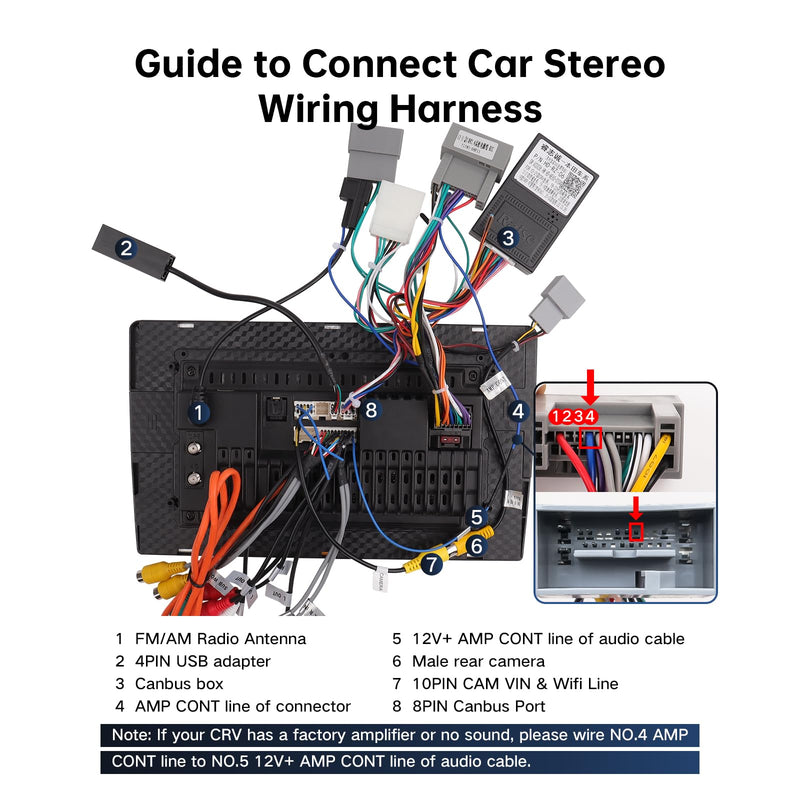 16PIN Car Radio Wire Harness with Canbus Adapter for for Honda CRV 2.4L 2013-2014, CRV MK4 2012-2014 Support SWC, Factory Backup Camera for Aftermarket Android Stereo Head Unit CAN020-R, 12-14 CRV 2.4L