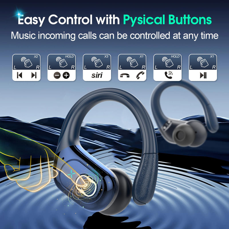 Aptkdoe 2 Sets Wireless Earbuds Sport, Bluetooth 5.4 Over Ear Buds Stereo Deep Bass Over Ear Bud with Earhooks, 75H Wireless Earphones with Mic, IPX7 Waterproof Earphone for Sports Blue+Rose Gold