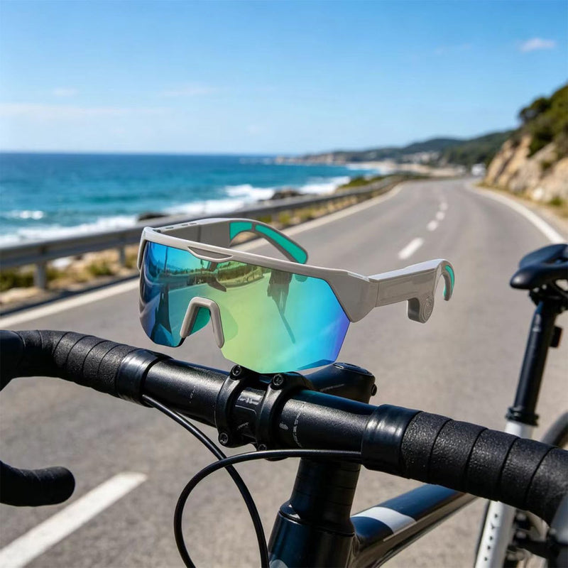 JBTITNVSmart Bluetooth Audio Sunglasses, Shield Lens, Mirrored Rainbow Tint, Black Frame, Open-Ear Speakers, for Cycling and Outdoor Sports Gray