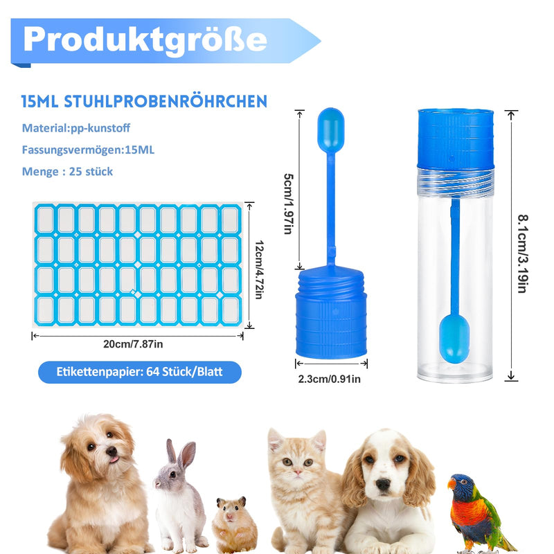 Pack of 25 Chair Sample Tubes, 15 ml Faecal Sample Tube with Spoon and Label Sticker, Cats and Dogs Fecal Sample Tubes Good Sealing, Dog Chair Sample Tube for Pets for Testing Pack of 25
