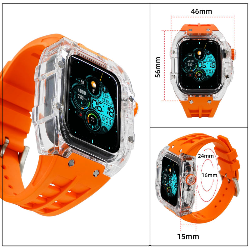 Luxury Transparent Case with Fluororubber Band for Apple Watch 45mm, Crystal Clear Full Protection for iWatch Series 9/8/7 TRN+Orange Pin