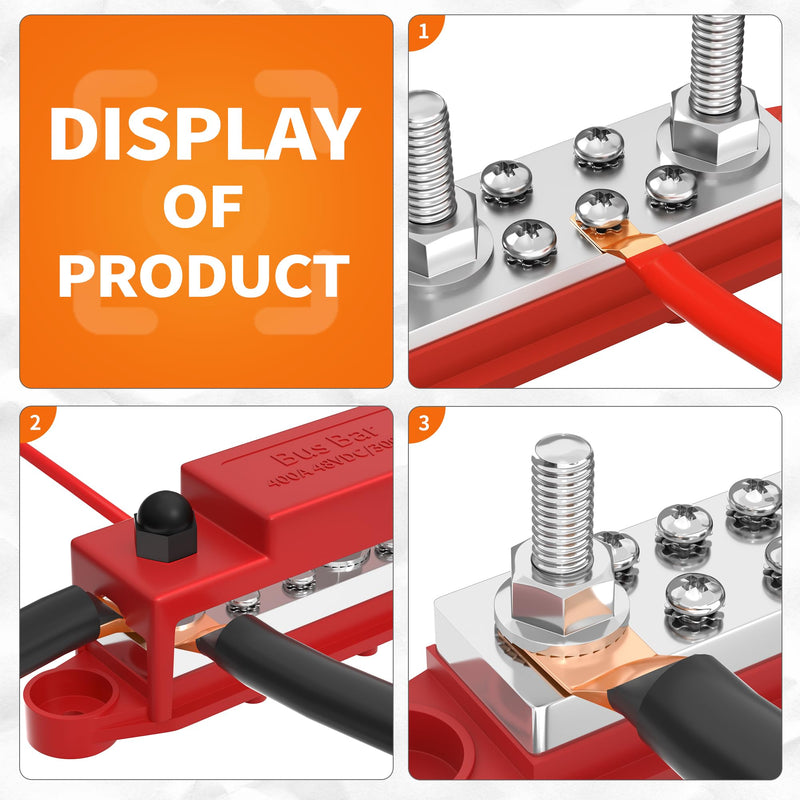 Joinfworld Power Distribution Block 400A Bus Bar 12V 48V with 3 x 5/16"(M8) Studs Marine Bus Bar Terminal Block 12 Volt DC Battery Busbar with Cover - Negative&Positive 400A 3x5/16"(M8) Studs
