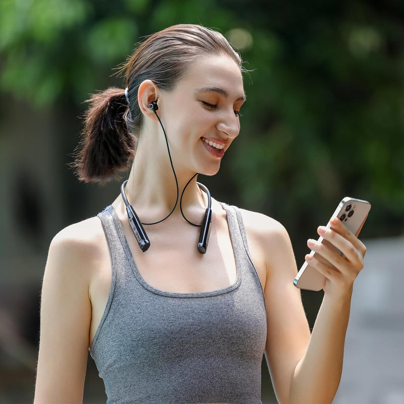 Kinobo Neckband Bluetooth Headphones，6.0 Bluetooth 120 Hours Playtime，IPX7 Sports Waterproof Earbuds with Microphone Noise Cancelling with TF Card Slot ，HiFi Stereo (Black) Black