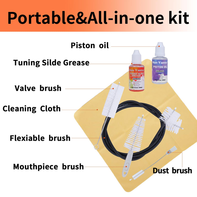 Trumpet Cleaning Kit clean your Trumpet: contains Valve Oil, Tuning Slide Grease, Cleaning Cloth, Valve/Mouthpiece/Flexible brush, etc. -essential for professionals/students/enthusiasts