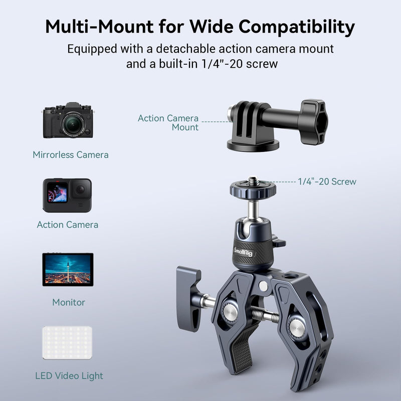[AUSTRALIA] - SMALLRIG Camera Mount Clamp, Gopro Motorcycle and Bike Handlebar Mount Kit, Super Clamp for DSLR, Action Camera, Gopro, Insta360, LED Light, Monitor, Max Load 3.5KG 
