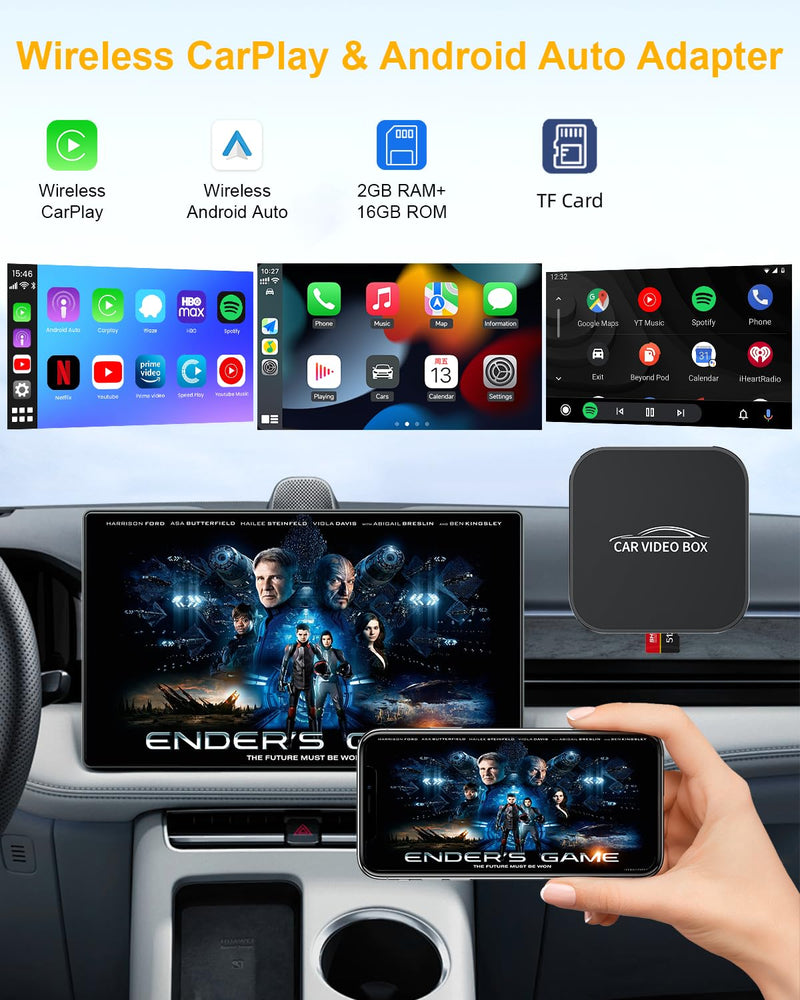 5-in-1 Android Auto Wireless Adapter and Apple CarPlay Adapter, Wireless Carplay Adapter with Netflix YouTube TF Card, Magic Ai Box for OEM Wired iPhone Car Play Cars, Plug & Play, Easy Setup Obsidian