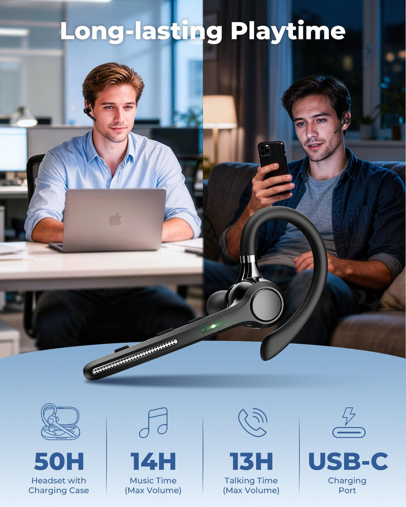 Ngsod Bluetooth Headset V5.4,USB Dongle Wireless Earpiece with Mic for Work | 500mAh Charging Case,50H Talk Time,Dual connect & Mute,ENC Noise Cancelling Lightest Headphones for Work Trucker Deep Black