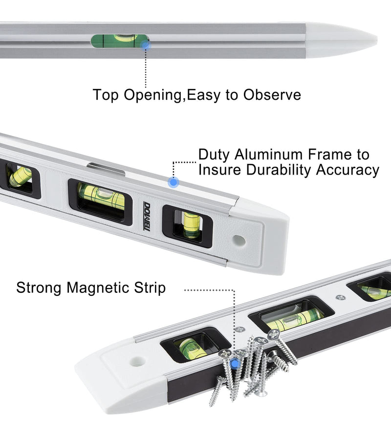 DOWELL Magnetic Torpedo Level 23cm Mini Dragonfly Spirit Level with Aluminum Frame 180/90/45 Degrees (1 Piece, White) 1