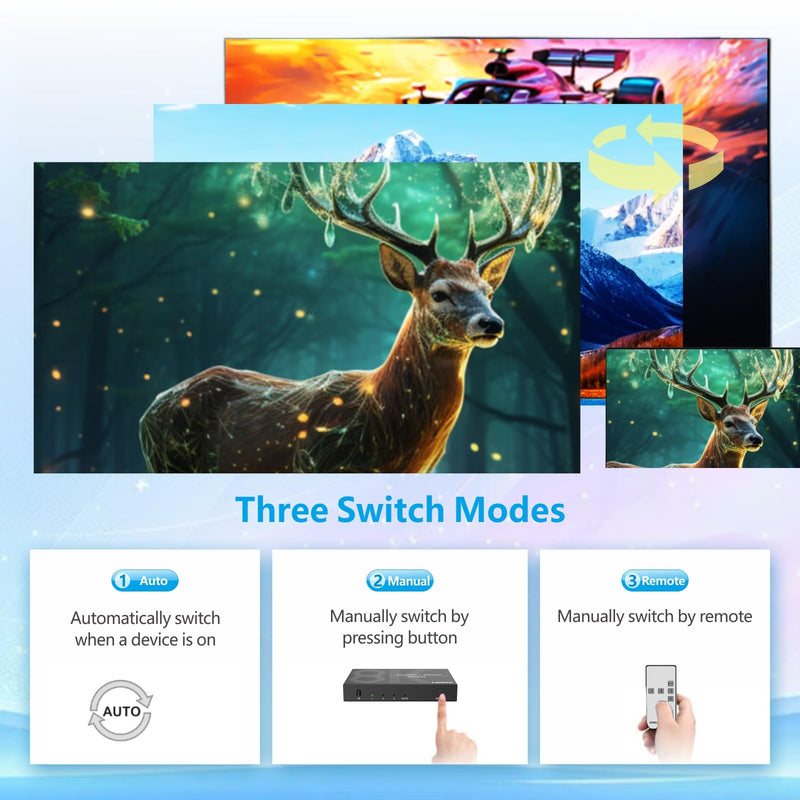 8K HDMI Switch 3 in 1 Out 4K@120Hz HDMI Switcher Support HDR10+, Dolby Vision, Dolby Atmos, VRR, ALLM, CEC