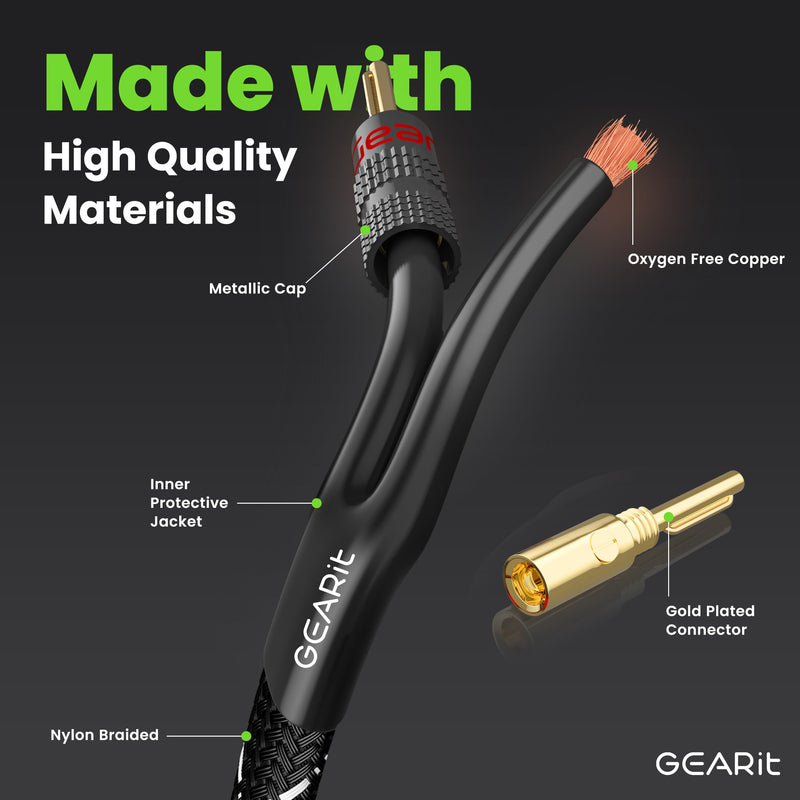 GearIT 10AWG Speaker Cable Wire with Gold-Plated Banana Tip Plugs (3 Feet) in-Wall CL2 Rated, Heavy Duty Braided, 99.9% Oxygen-Free Copper (OFC) - Black 3 Feet