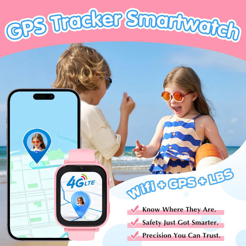 Kids Smart Watch 4G with GPS Tracker for Boys Girls, Smartwatch for Kids Vioce Video Call SOS for Children 4-12 Bithday Gift Pink