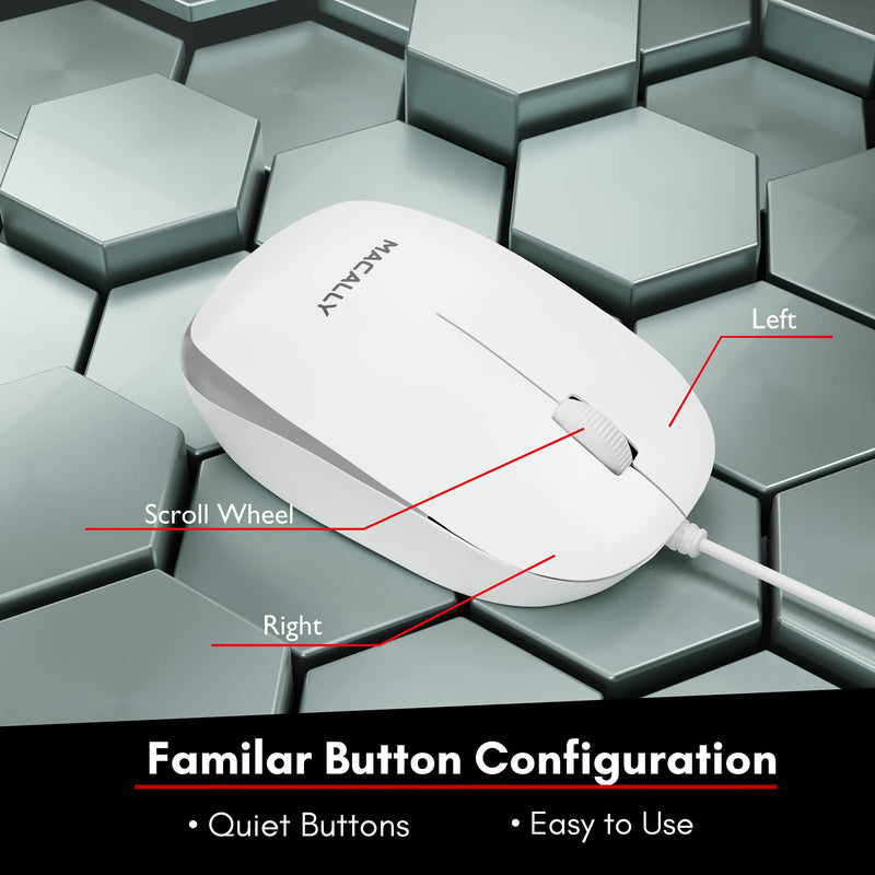 Macally USB Wired Mouse for Mac and Windows - Simple 3 Button Computer Mouse Wired, Scroll Wheel Layout with 5ft Cord - Simple Plug and Play USB Mouse for Laptop, Desktop, Notebook - White