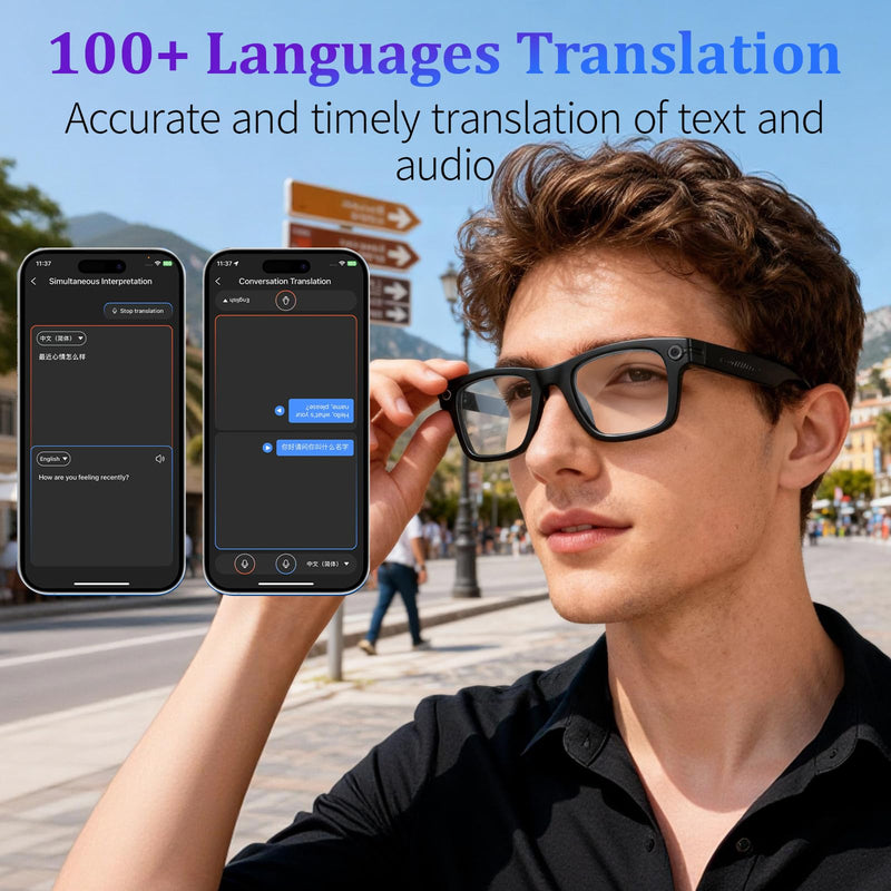 AI Smart Glasses with 8MP Camera, 1080P Video & HD Photo, Bluetooth Audio, AI Voice Assistant, Real-Time Translation, Object Recognition, Noise-Cancel Calls, Photochromic +2 Sunglasses Lenses Black