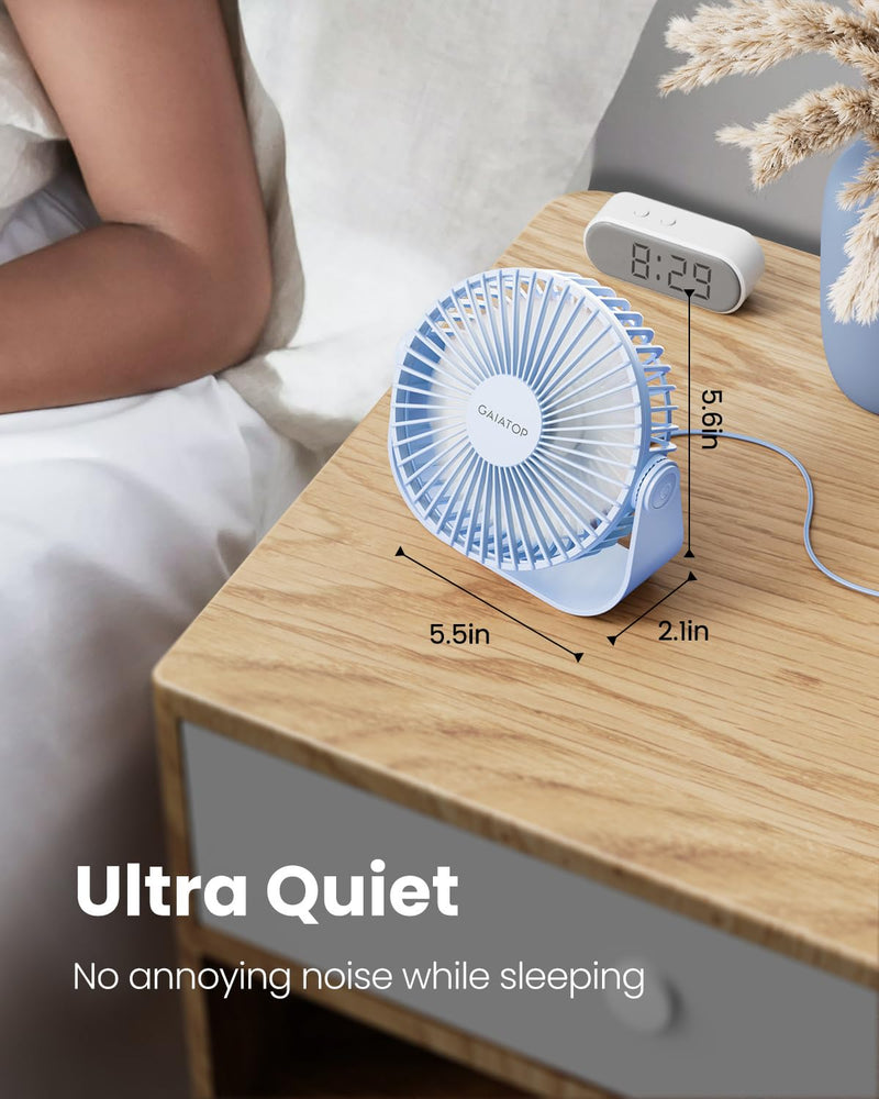 Gaiatop USB Desk Fan, 3 Speeds Portable Small Fan with Strong Airflow, 5.5 Inch Quiet Table Fan, 90° Rotate Personal Cooling Fan For Bedroom Home Office Desktop Travel (Blue) Blue