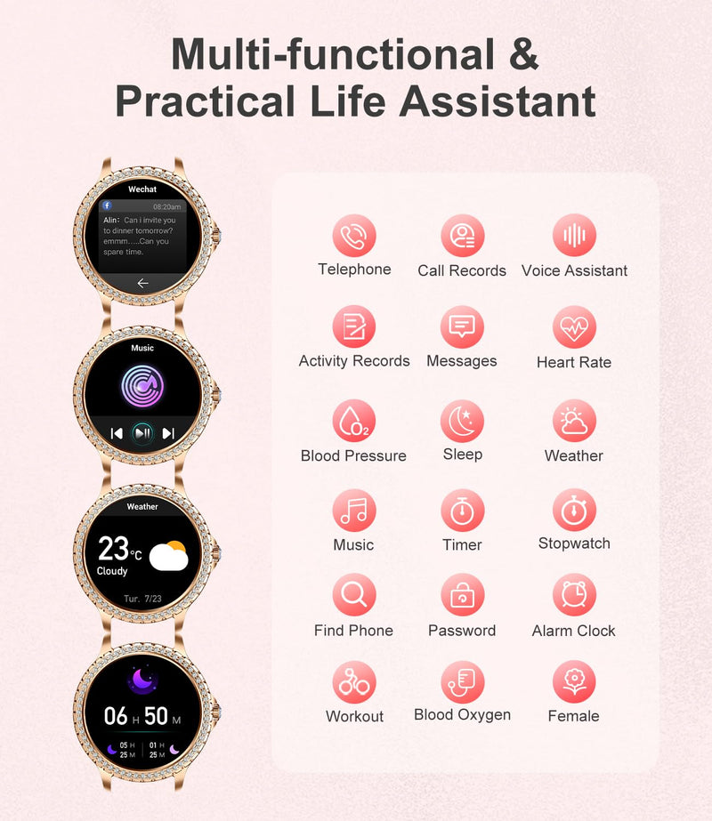 LIGE Smart Watch for Women(Answer/Make Calls),1.3"HD Diamonds Luxury Smartwatch for Android iPhone Phones,Fitness Trackers with 20+ Sport Modes/Heart Rate/IP68 Waterproof/SpO2/Sleep Monitor,Rose gold Rose Gold