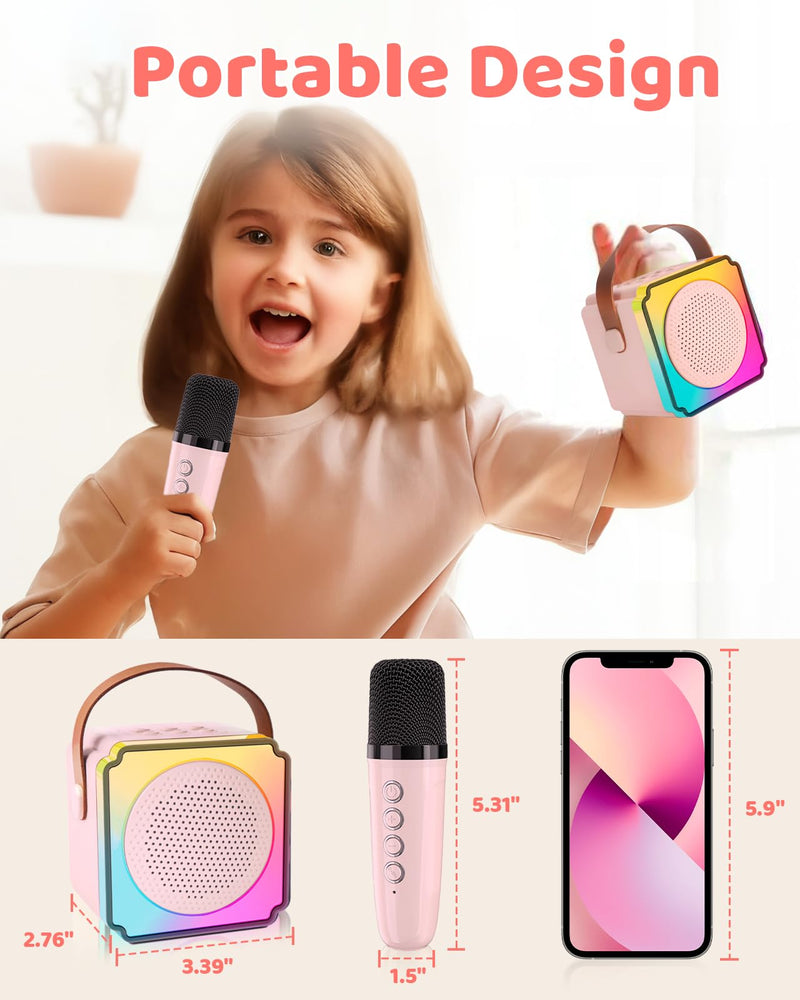 Mini Karaoke Machine for Kids Adults, LumoShine Portable Bluetooth Speaker with 2 Wireless Microphone and Lights, Gifts for Boys Girls Pink